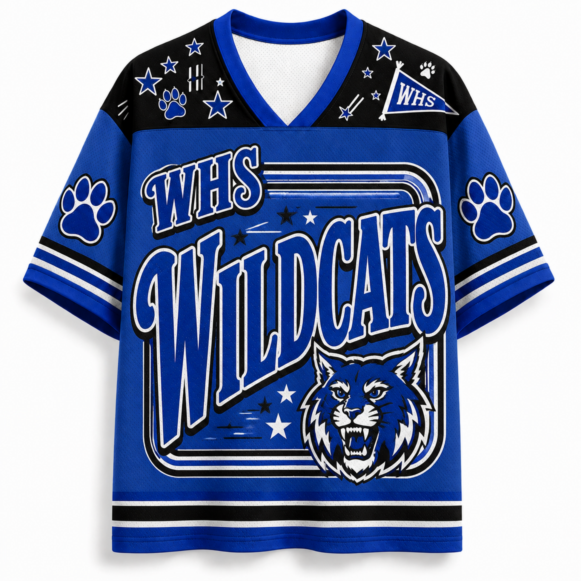 A royal blue and black short-sleeve V-neck jersey with 'WHS Wildcats' text, paw prints, stars, and a wildcat graphic on the front, shown on a plain white background.