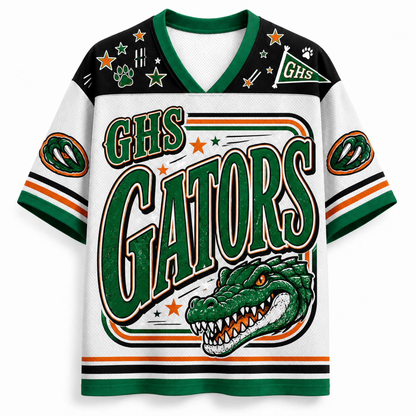 A white V-neck athletic jersey with green and orange accents, featuring 'GHS GATORS' text, a green alligator graphic, stars, paw prints, and shoulder patches on a plain white background.