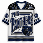 A white and navy blue V-neck jersey-style shirt with 'PHS Panthers' lettering, a panther graphic, paw prints, stars, and stripes on the sleeves and shoulders.