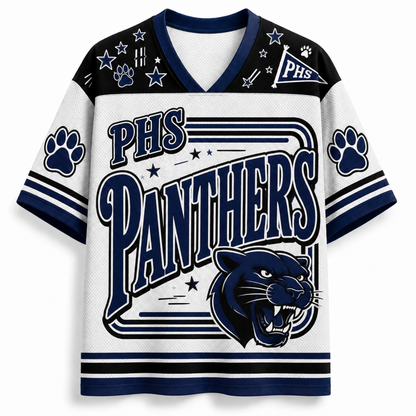 A white and navy blue V-neck jersey-style shirt with 'PHS Panthers' lettering, a panther graphic, paw prints, stars, and stripes on the sleeves and shoulders.