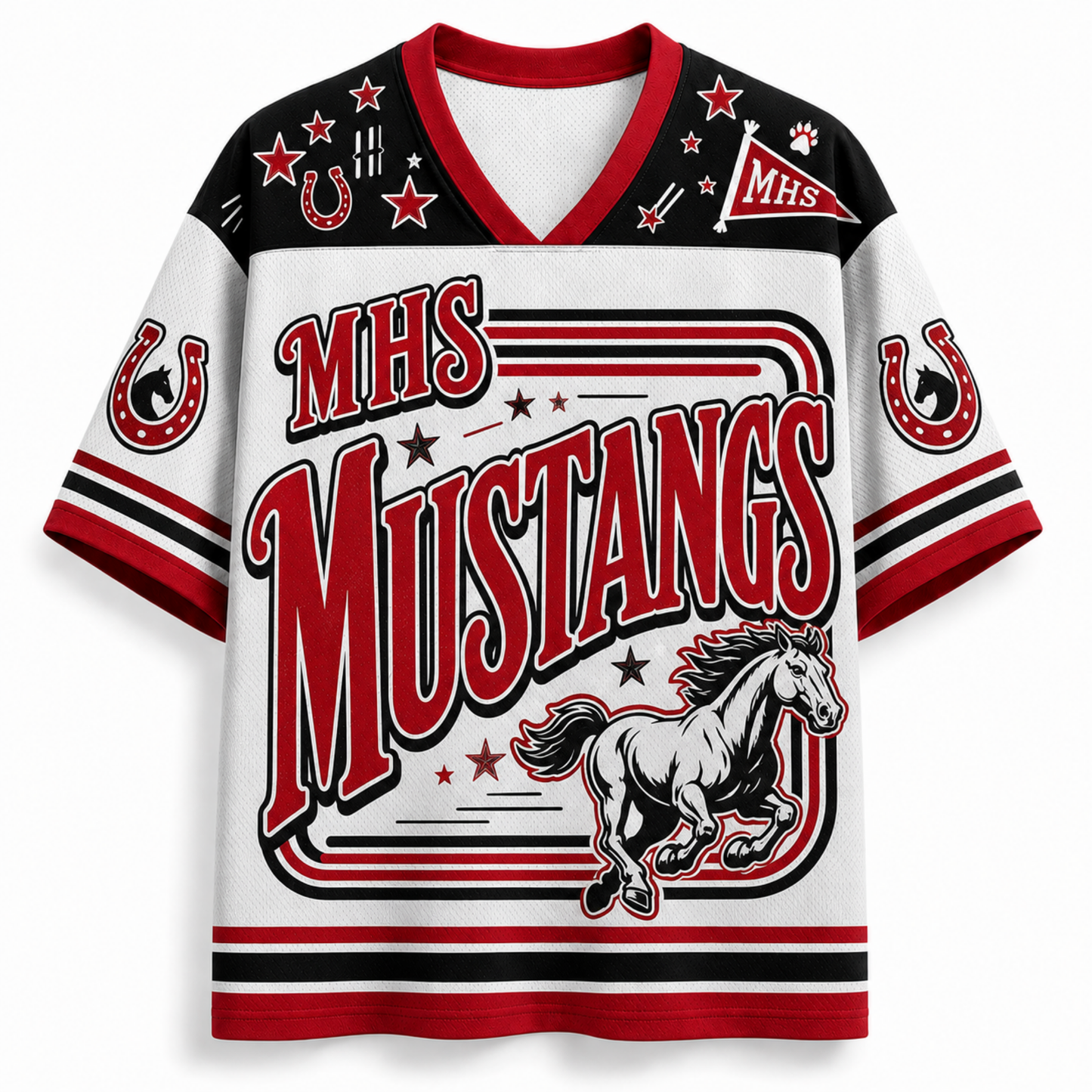 A white short-sleeve V-neck jersey-style shirt with red and black athletic graphics. The front reads “MHS MUSTANGS” in large red letters with a white mustang horse illustration below, plus horseshoes, stars, stripes, and an “MHS” pennant on the shoulders.