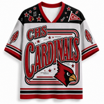 A white short-sleeve V-neck jersey with red and black trim, featuring 'CHS CARDINALS' in large red lettering, a red cardinal bird head graphic on the front, and decorative stars and feather motifs on the shoulders and sleeves.