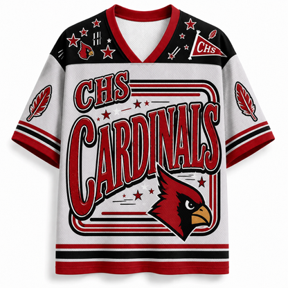 A white short-sleeve V-neck jersey with red and black trim, featuring 'CHS CARDINALS' in large red lettering, a red cardinal bird head graphic on the front, and decorative stars and feather motifs on the shoulders and sleeves.