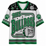 A white and green short-sleeve V-neck jersey with 'BHS BULLDOGS' text, a bulldog mascot graphic, paw prints, and black shoulder panels on a plain white background.