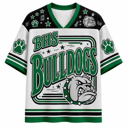 A white and green short-sleeve V-neck jersey with 'BHS BULLDOGS' text, a bulldog mascot graphic, paw prints, and black shoulder panels on a plain white background.