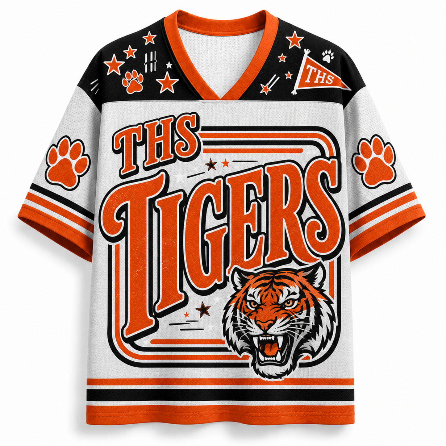 A white short-sleeve V-neck jersey-style shirt with orange and black tiger-themed graphics, including large 'THS TIGERS' lettering, a tiger head illustration, paw prints, stars, and a small 'THS' flag patch on the shoulder.