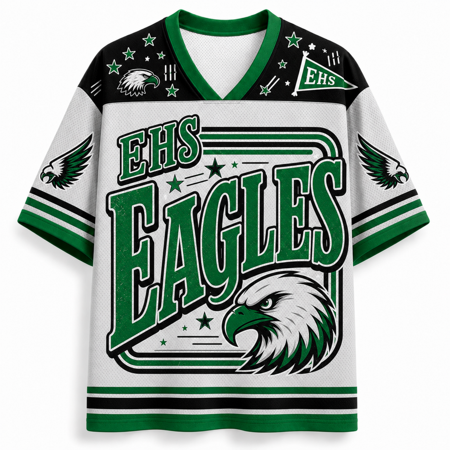 A white, green, and black short-sleeve athletic jersey with 'EHS EAGLES' text and eagle graphics on the front, shown on a plain light background.