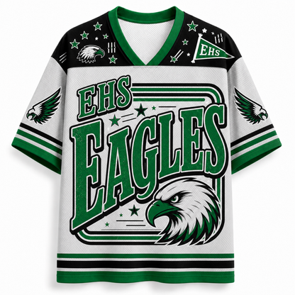 A white, green, and black short-sleeve athletic jersey with 'EHS EAGLES' text and eagle graphics on the front, shown on a plain light background.