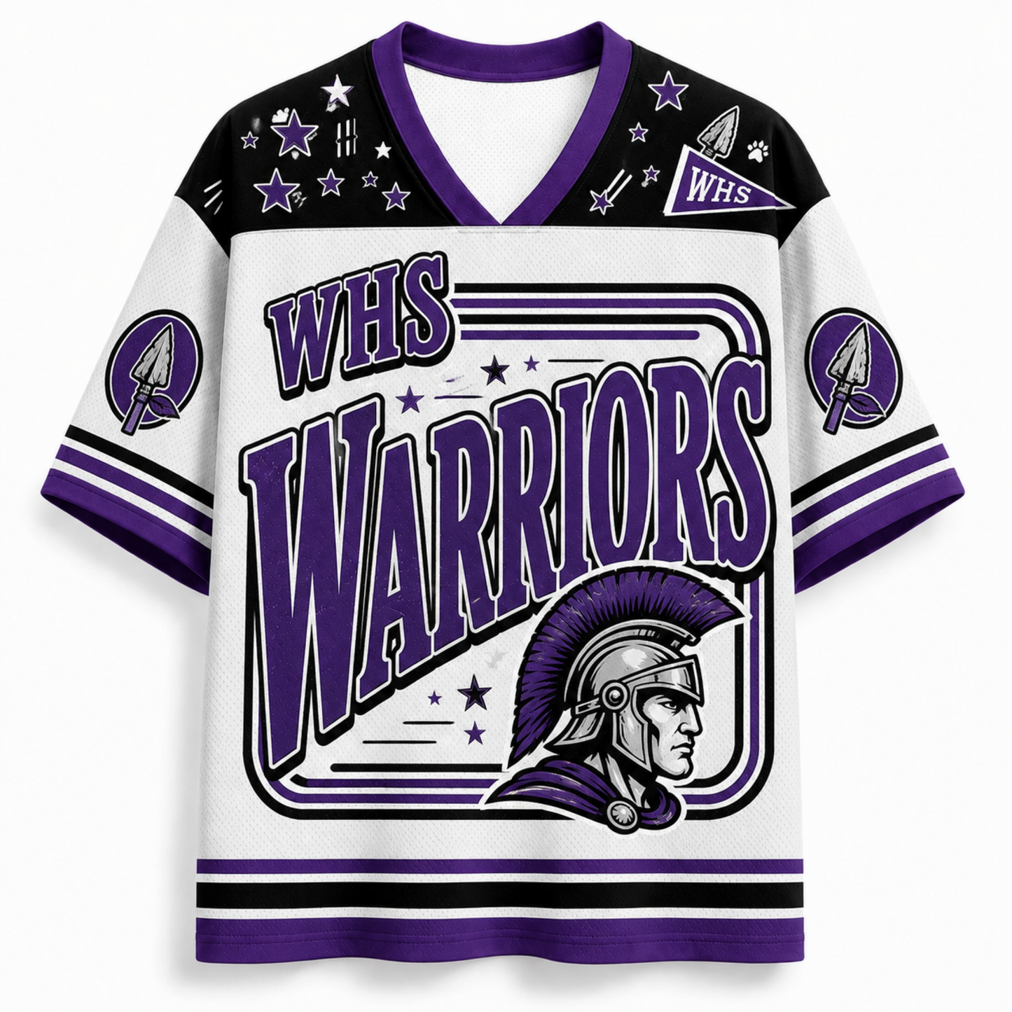 A short-sleeve V-neck athletic jersey in white, purple, and black, featuring 'WHS WARRIORS' text, a Spartan helmet graphic, stars, and team-style shoulder and sleeve prints.