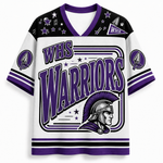 A short-sleeve V-neck athletic jersey in white, purple, and black, featuring 'WHS WARRIORS' text, a Spartan helmet graphic, stars, and team-style shoulder and sleeve prints.