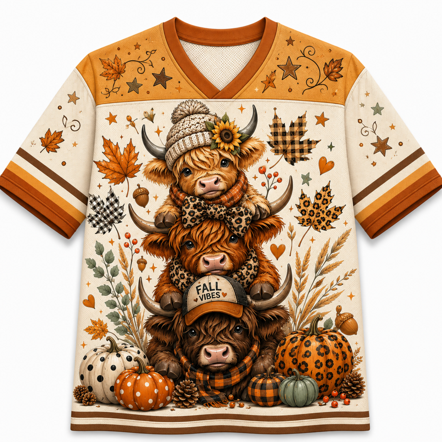 A short-sleeve V-neck graphic T-shirt with an all-over autumn-themed illustration featuring three stacked Highland cows, pumpkins, leaves, stars, and plaid accents in warm fall colors on an off-white base.