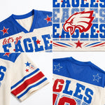 A four-panel product collage showing a Philadelphia Eagles themed sports jersey from multiple angles. The jersey features a cream mesh body with blue and red accents, including a large red and blue eagle logo on the front, 'let's go EAGLES' text, and star details.