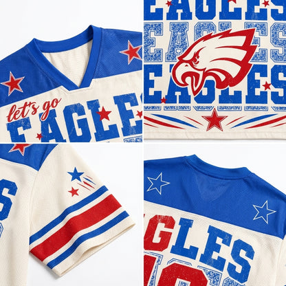 A four-panel product collage showing a Philadelphia Eagles themed sports jersey from multiple angles. The jersey features a cream mesh body with blue and red accents, including a large red and blue eagle logo on the front, 'let's go EAGLES' text, and star details.