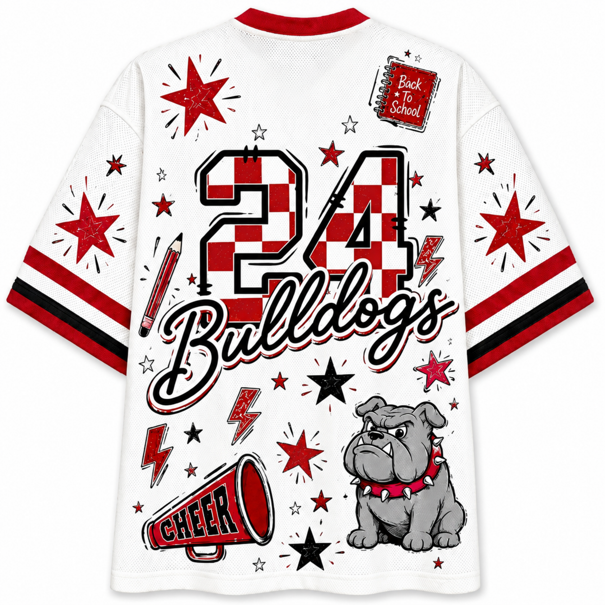 White short-sleeve athletic t-shirt with red and black graphics, featuring the number 24, the word 'Bulldogs', stars, lightning bolts, a megaphone, and a bulldog illustration on the back.