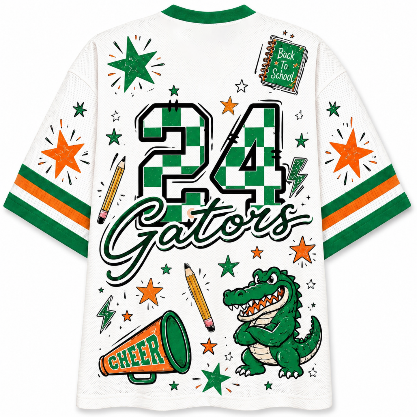 White short-sleeve t-shirt with green and orange collegiate graphics, featuring the number 24, the word 'Gators', a green alligator mascot, stars, pencils, a megaphone, and a 'Back to School' notebook design.