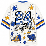 White mesh short-sleeve jersey with blue and yellow graphics, featuring the number 24, 'Eagles' script, stars, an eagle illustration, a megaphone, and 'Back to School' text on the back.