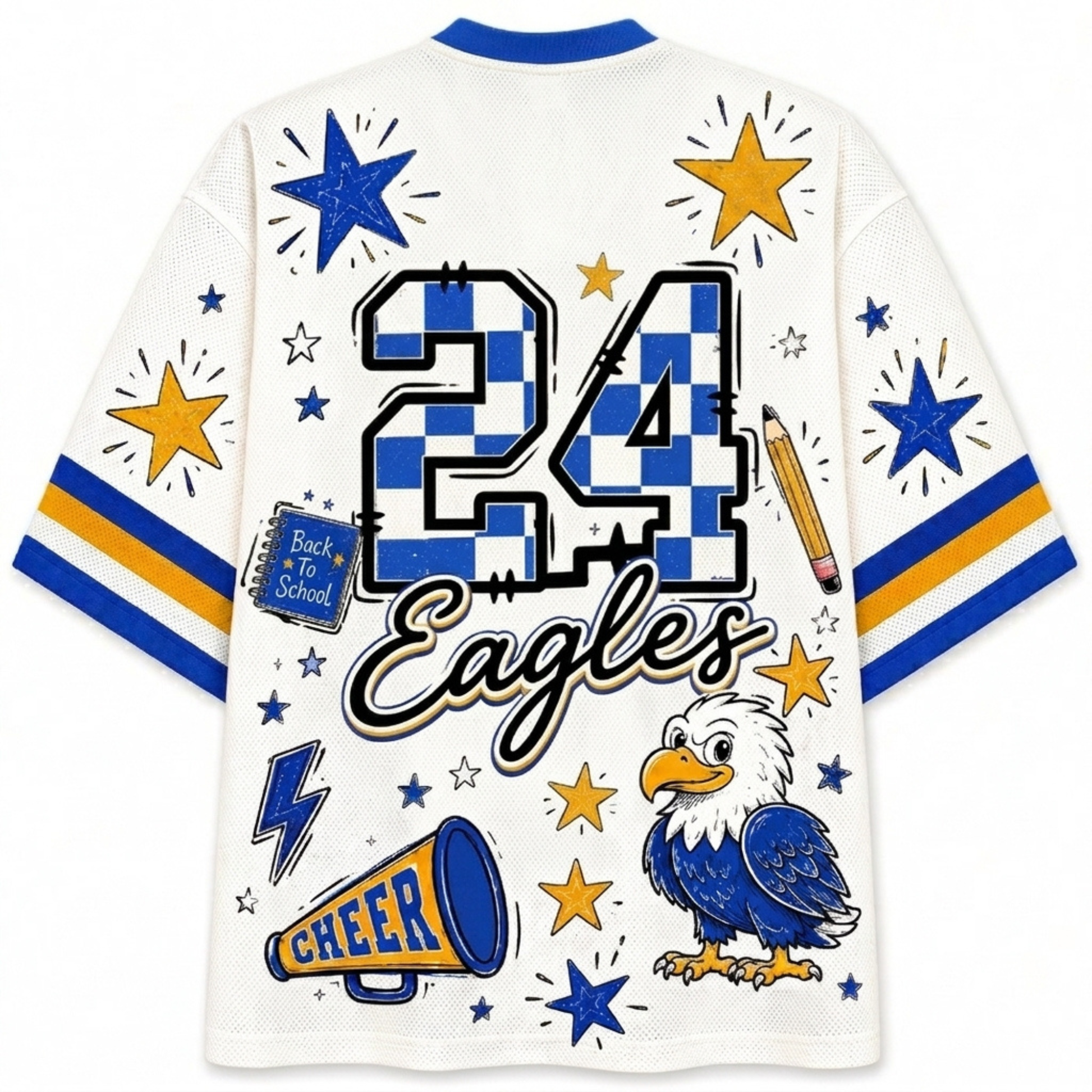 White mesh short-sleeve jersey with blue and yellow graphics, featuring the number 24, 'Eagles' script, stars, an eagle illustration, a megaphone, and 'Back to School' text on the back.