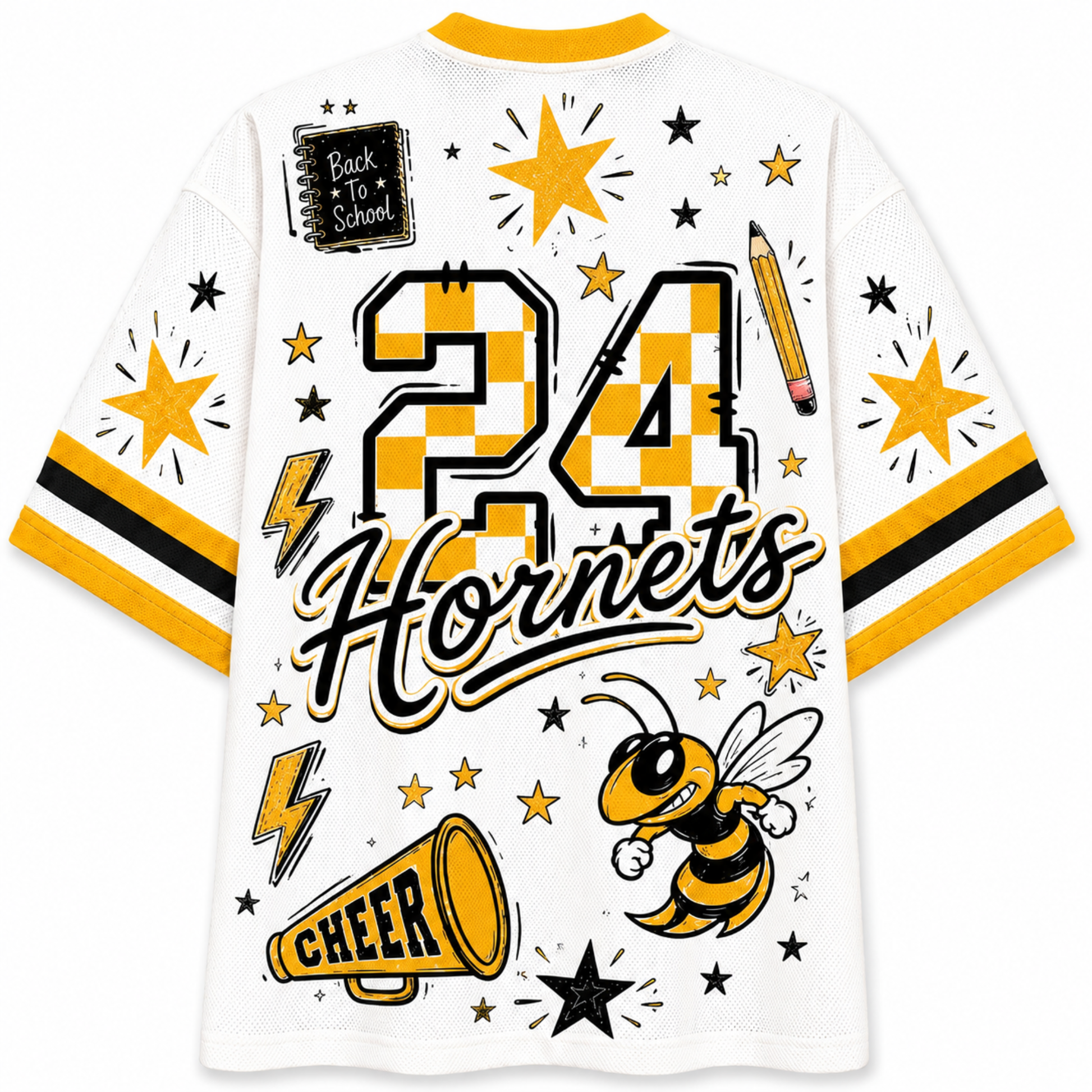 White short-sleeve t-shirt with yellow and black collegiate-style graphics, including the number 24, 'Hornets' script, stars, lightning bolts, a bee, a megaphone, and a 'Back To School' book patch on the back.