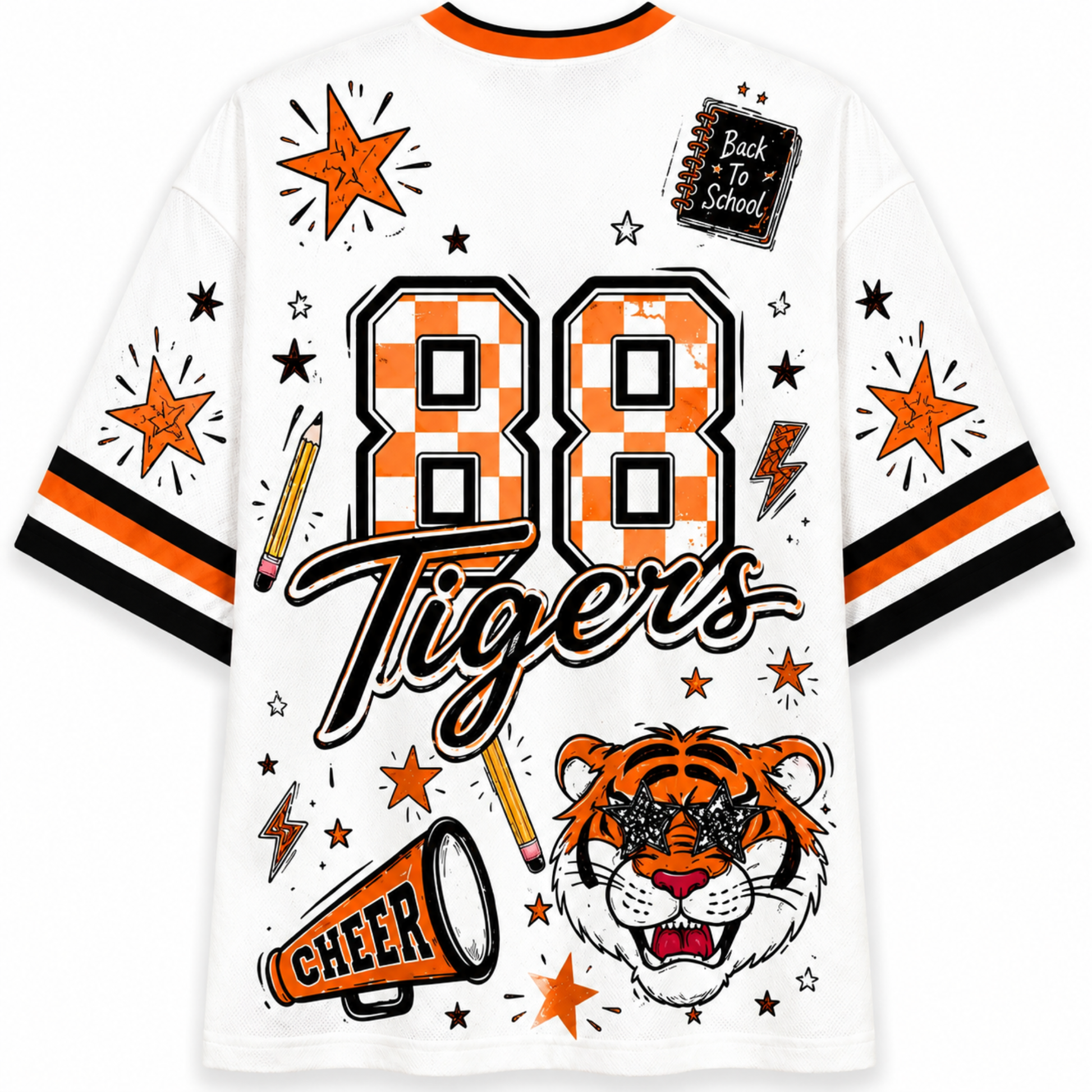 White short-sleeve t-shirt with orange and black graphic designs, featuring the number 88, 'Tigers' script, a tiger illustration, stars, lightning bolts, a megaphone, and a 'Back to School' notebook graphic.