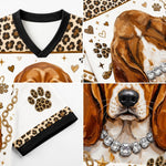 A four-panel product collage showing a dog-themed apparel design: a V-neck top with a black collar and leopard-print pattern, a close-up of a brown and white dog face with a rhinestone collar, a paw print motif, and a matching leopard-print and black wristband.