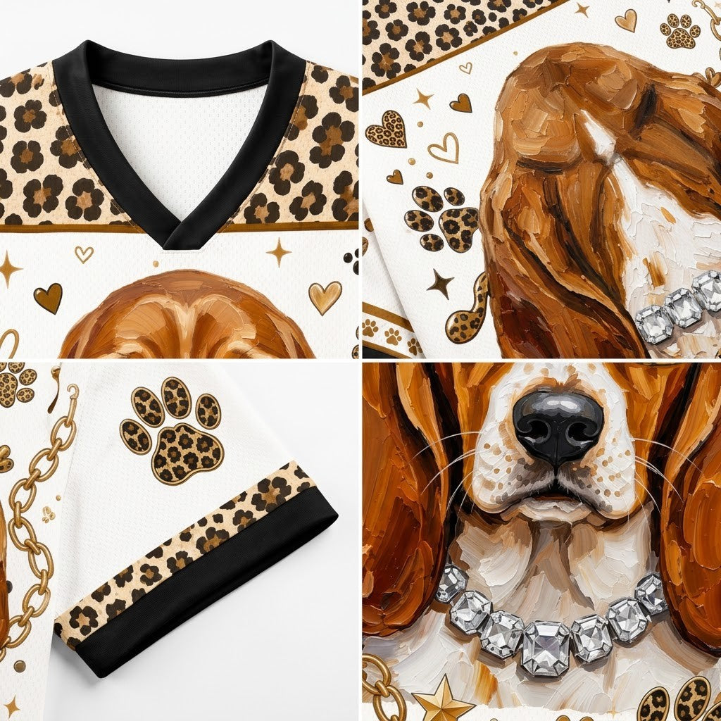 A four-panel product collage showing a dog-themed apparel design: a V-neck top with a black collar and leopard-print pattern, a close-up of a brown and white dog face with a rhinestone collar, a paw print motif, and a matching leopard-print and black wristband.