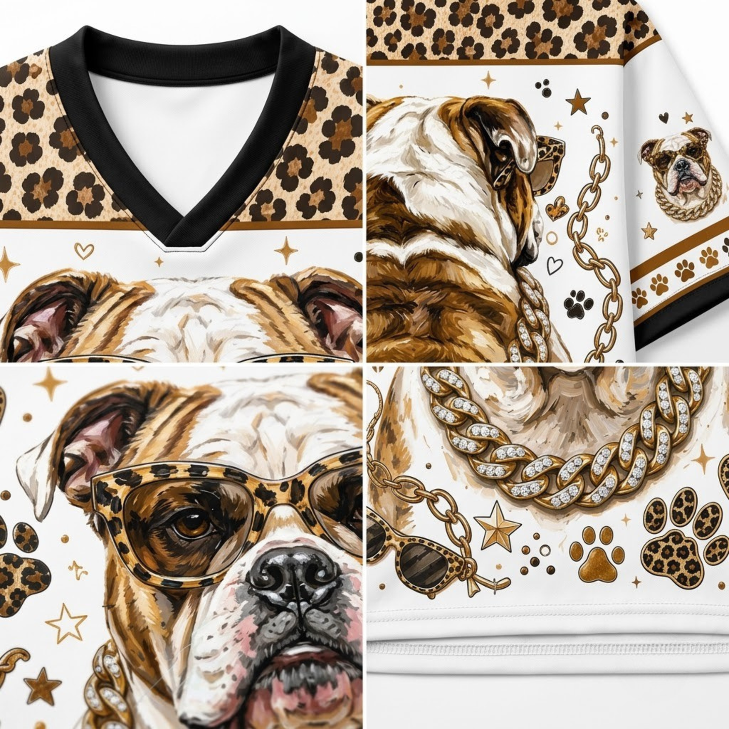 A 2x2 collage showing close-up details of a white V-neck shirt printed with an illustrated bulldog, leopard print, gold chain, paw prints, stars, and sunglasses.