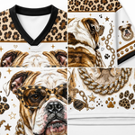 A 2x2 collage showing close-up details of a white V-neck shirt printed with an illustrated bulldog, leopard print, gold chain, paw prints, stars, and sunglasses.
