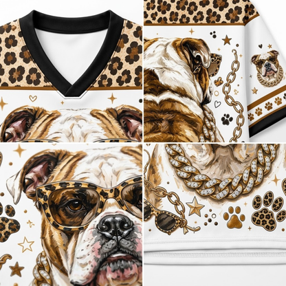A 2x2 collage showing close-up details of a white V-neck shirt printed with an illustrated bulldog, leopard print, gold chain, paw prints, stars, and sunglasses.