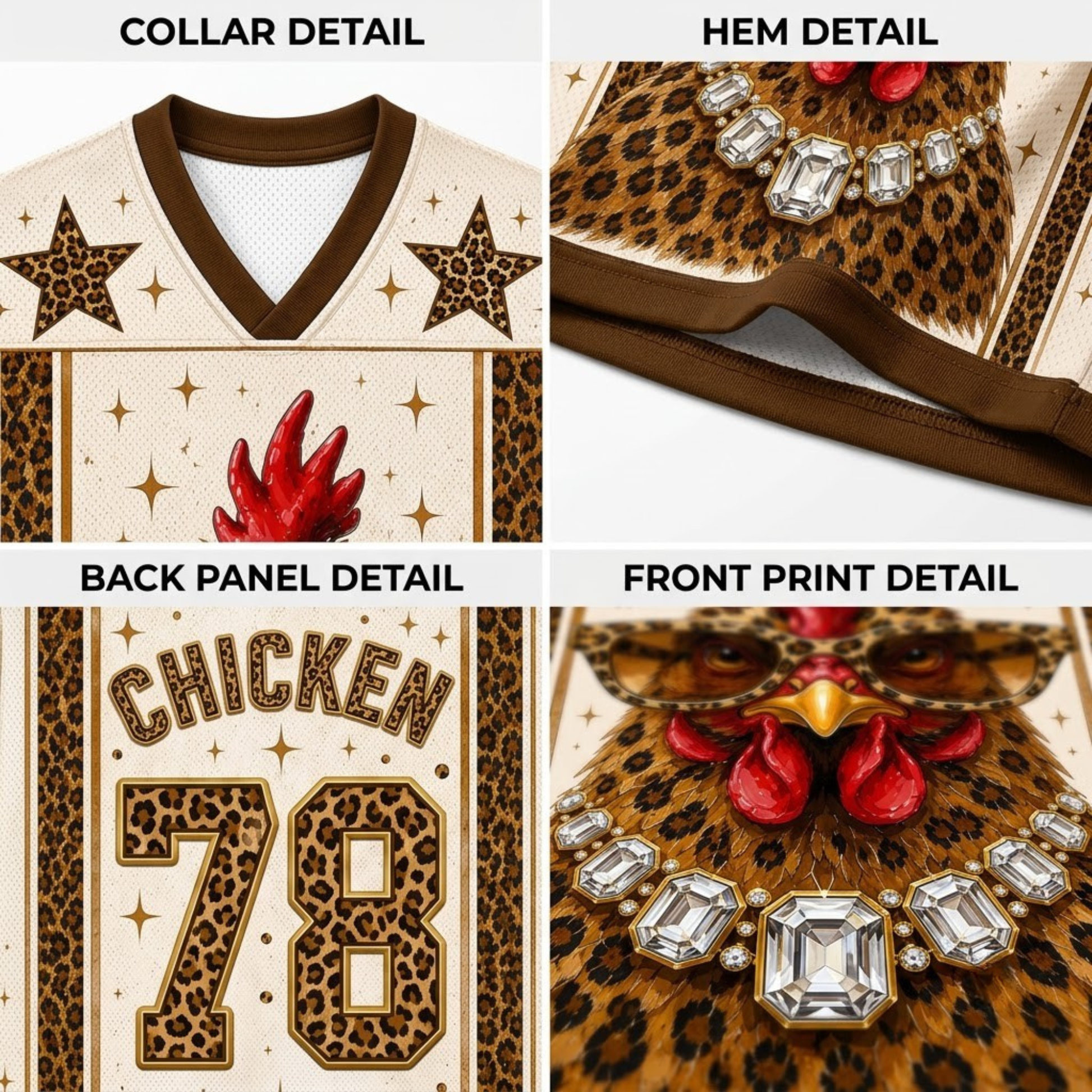 Product compilation highlighting the rich brown V-neck collar, leopard print border panels, sleeve athletic stripes, and breathable mesh fabric.
