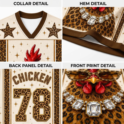 Product compilation highlighting the rich brown V-neck collar, leopard print border panels, sleeve athletic stripes, and breathable mesh fabric.
