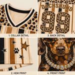 Product compilation highlighting the black and cream V-neck collar, leopard print shoulder yoke, sleeve athletic stripes, and breathable mesh fabric.