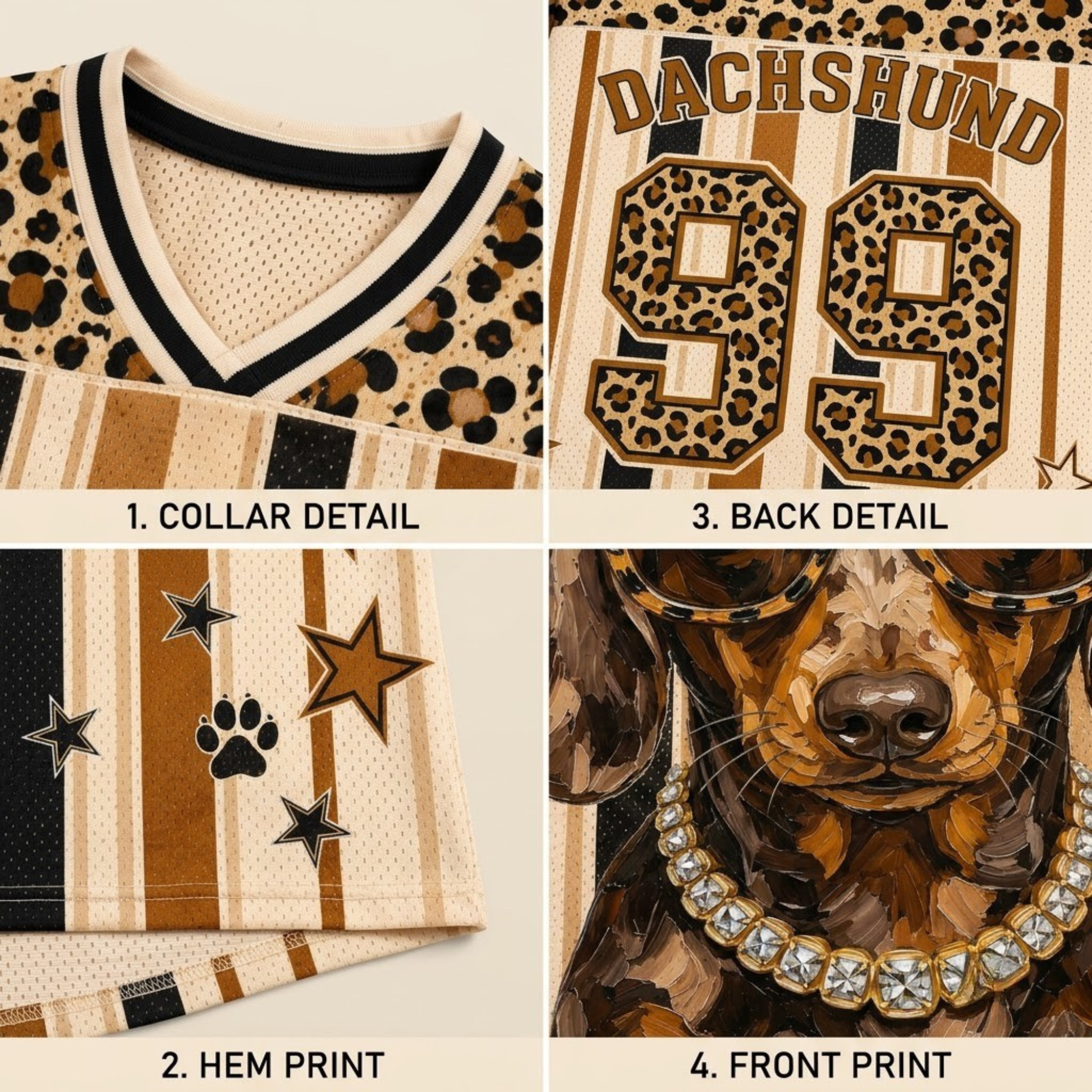 Product compilation highlighting the black and cream V-neck collar, leopard print shoulder yoke, sleeve athletic stripes, and breathable mesh fabric.