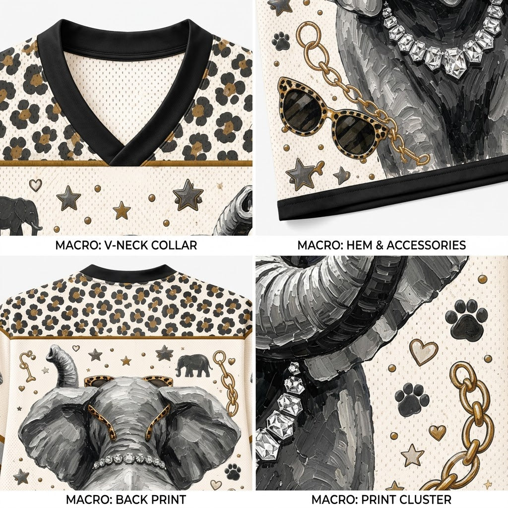 Four-panel close-up collage of a printed shirt showing the v-neck collar, hem and accessories, back print with elephant graphic, and a print cluster with leopard pattern, stars, paw prints, and gold chain details.