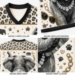 Four-panel close-up collage of a printed shirt showing the v-neck collar, hem and accessories, back print with elephant graphic, and a print cluster with leopard pattern, stars, paw prints, and gold chain details.