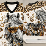 A four-panel close-up collage of a white V-neck athletic jersey featuring a stylized horse illustration with leopard-print trim, gold horseshoes and chain details, and a black collar.