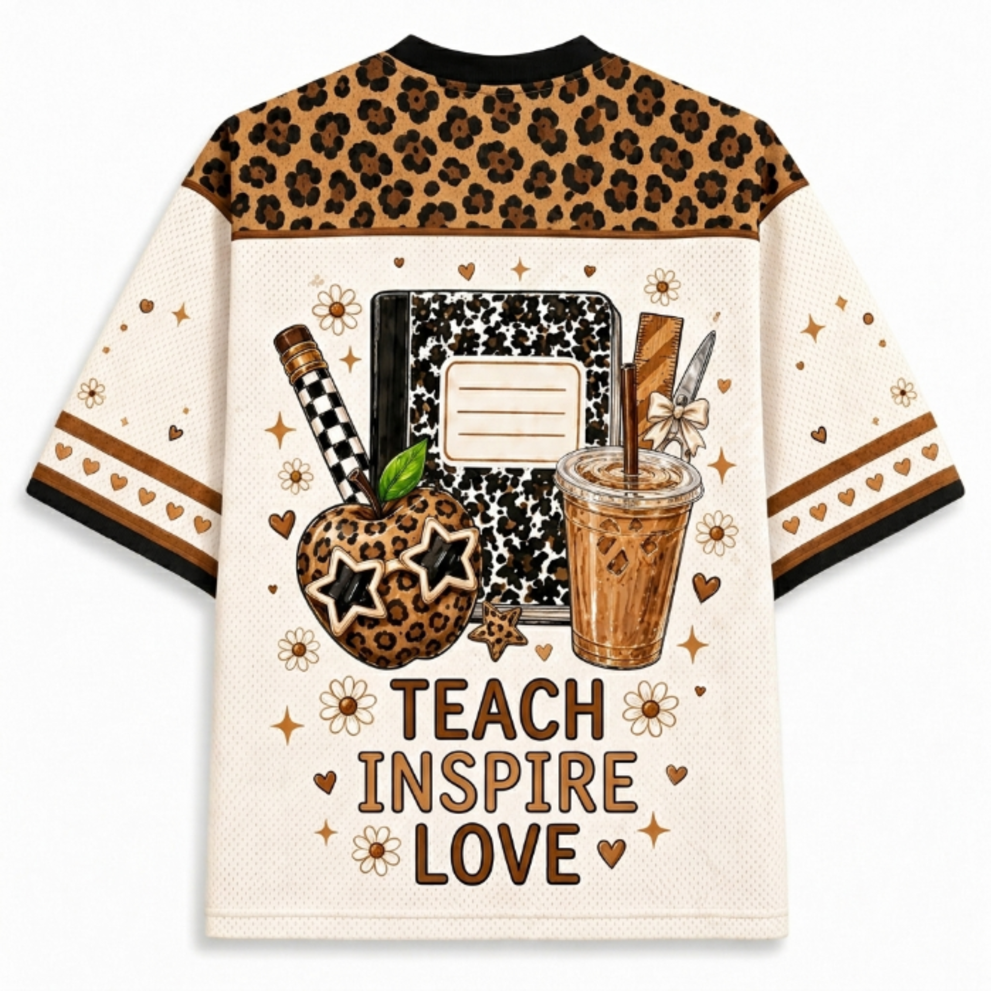 ack view of the custom teacher mesh jersey highlighting the bold typography 'TEACH INSPIRE LOVE' surrounded by a leopard pattern apple, notebook, and coffee cup.