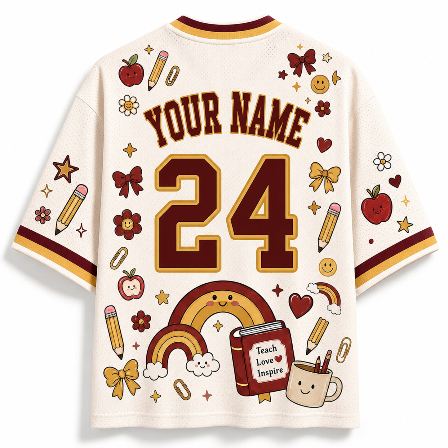 A cream-colored short-sleeve jersey shown from the back, featuring customizable text 'YOUR NAME' and the number '24' in dark brown with gold outlines. The shirt is decorated with various school-themed illustrations including rainbows, pencils, apples, stars, and a book that reads 'Teach Love Inspire'.