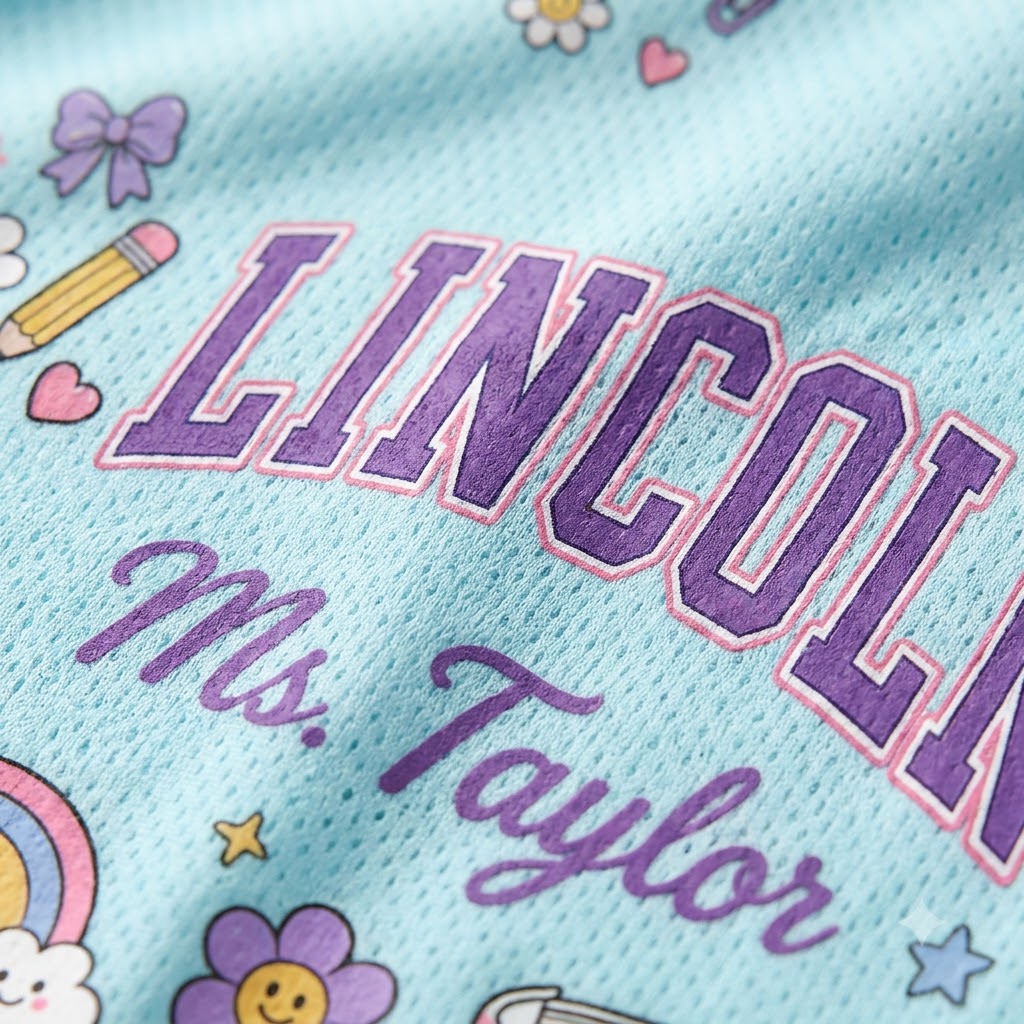 Close-up of a light blue mesh fabric with purple and pink lettering reading 'LINCOLN' and 'Ms. Taylor', plus small pastel doodles including a bow, pencil, flower, star, and rainbow.