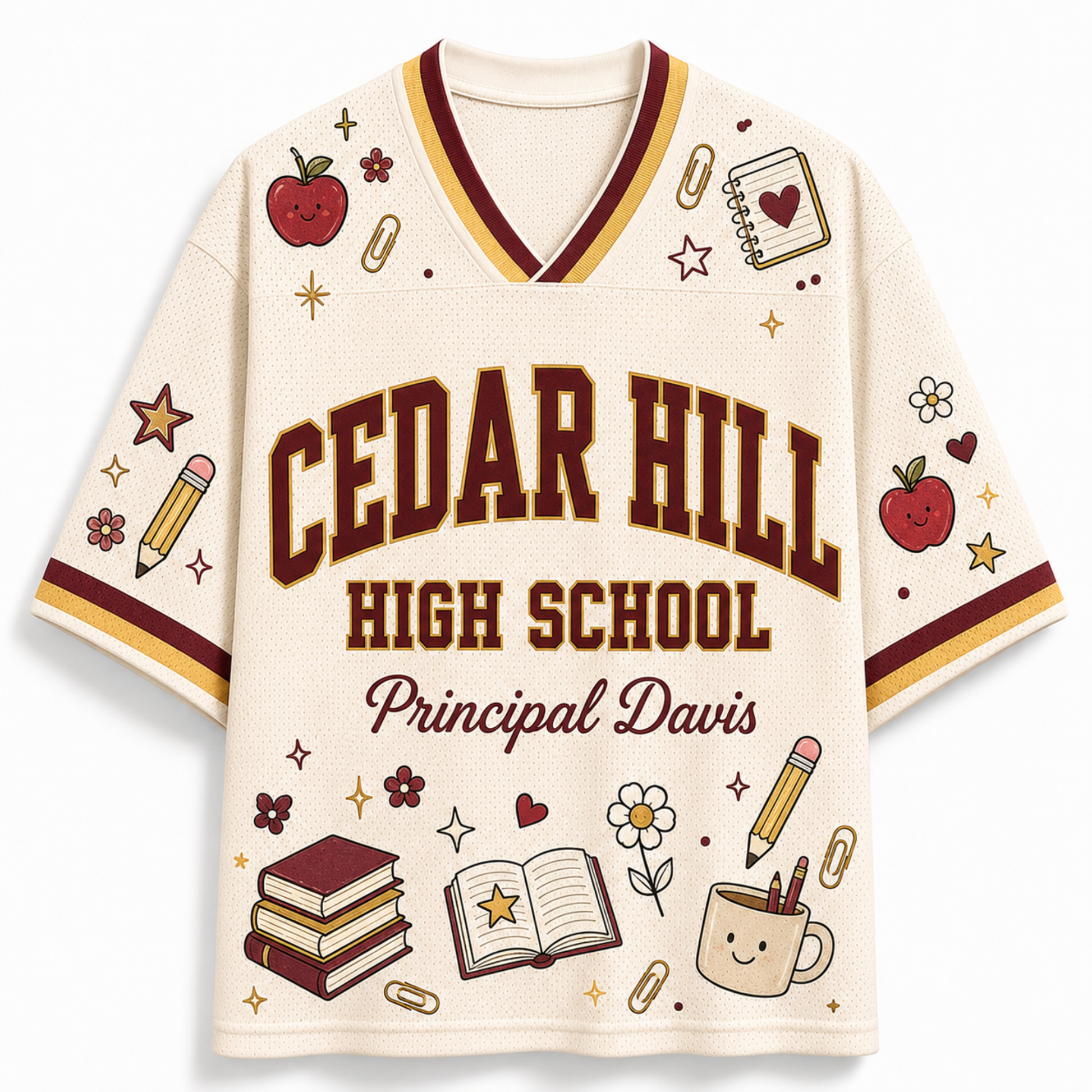 A cream-colored short-sleeve V-neck jersey-style shirt with 'CEDAR HILL HIGH SCHOOL' and 'Principal Davis' printed on the front, decorated with school-themed illustrations including apples, books, pencils, stars, flowers, and a coffee cup. The shirt is shown on a plain light background.