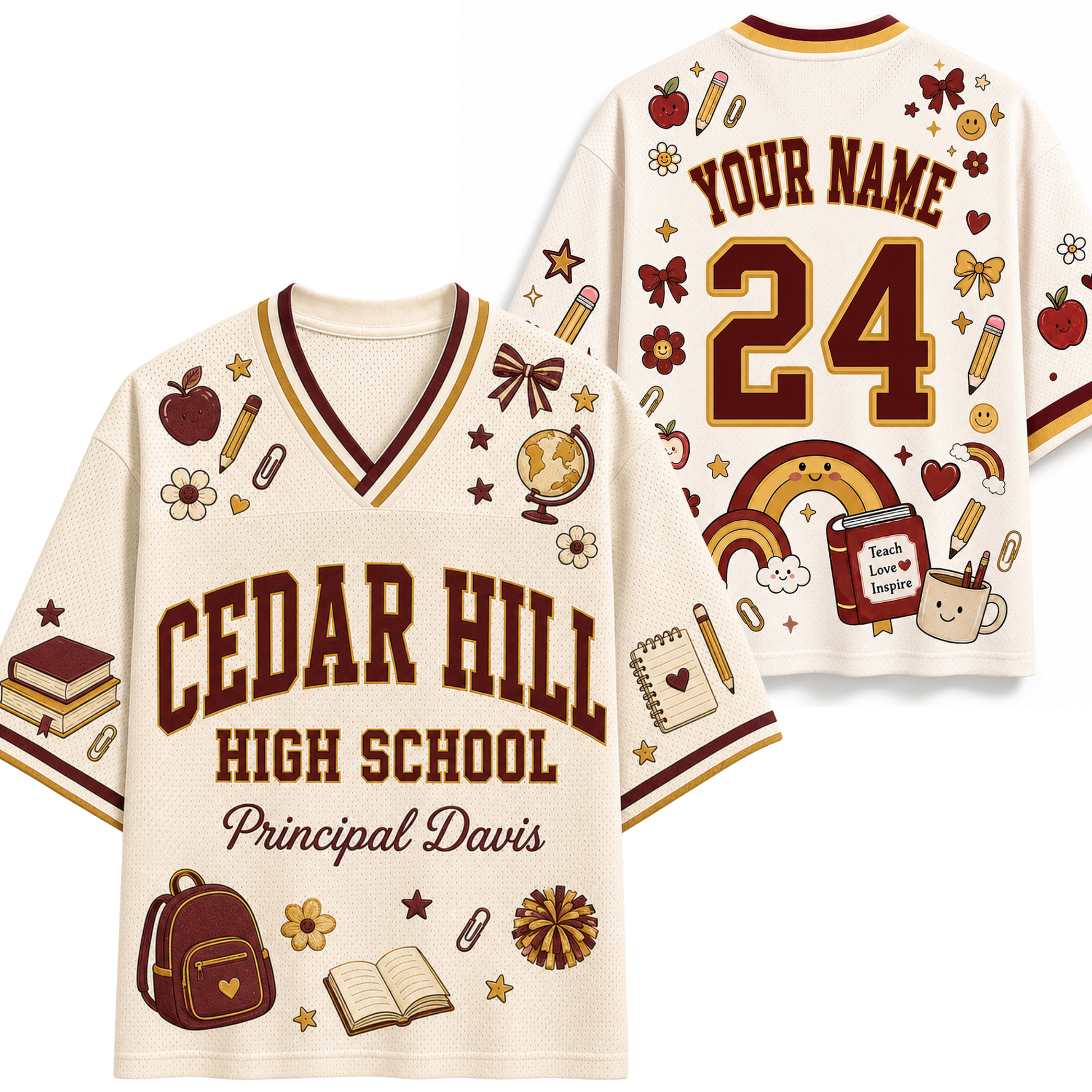 A cream-colored mesh sports jersey shown from both the front and back, featuring 'CEDAR HILL HIGH SCHOOL' and 'Principal Davis' on the front, with customizable 'YOUR NAME' and '24' on the back. The jersey is decorated with school-themed illustrations including a rainbow, backpack, books, and stars in maroon and brown.