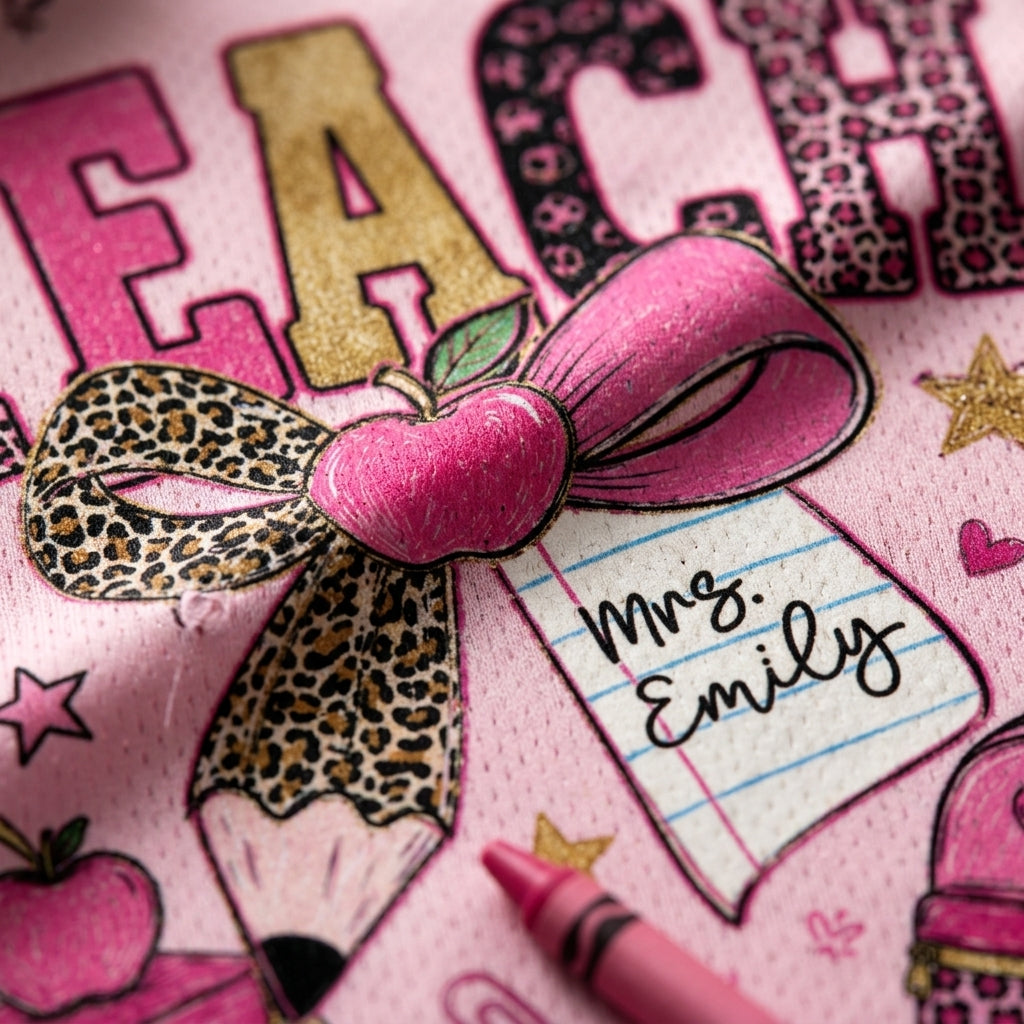 A close-up of a pink personalized fabric or printed surface featuring school-themed illustrations, including a bow with leopard print, an apple, a pencil, stars, and the text 'Mrs. Emily'.