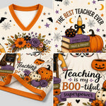 A collage showing a Halloween-themed V-neck t-shirt from multiple angles, featuring orange trim, a cream mesh body, spiderwebs, bats, stars, pumpkins, flowers, and text including 'THE BEST TEACHER EVER' and 'Teaching is my BOO-tiful superpower'.