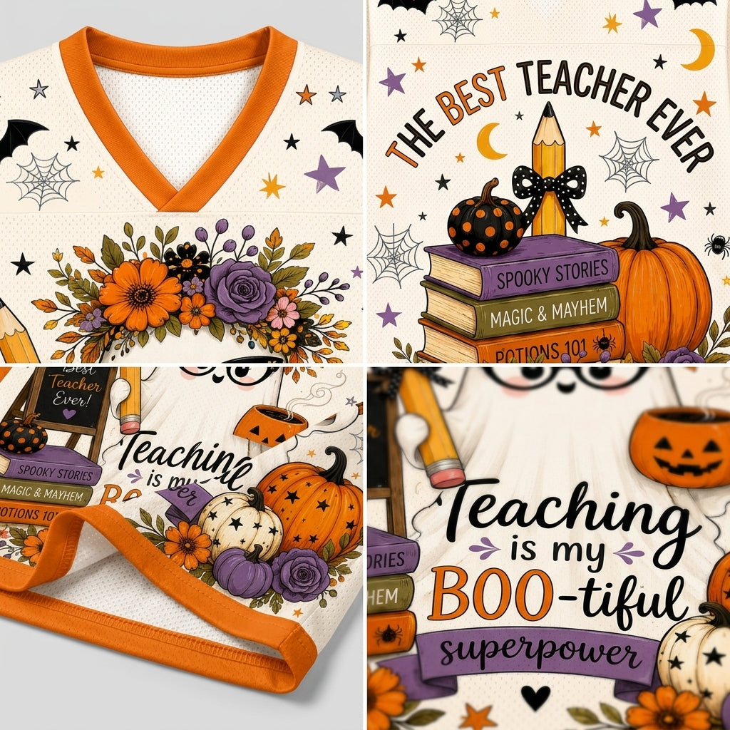 A collage showing a Halloween-themed V-neck t-shirt from multiple angles, featuring orange trim, a cream mesh body, spiderwebs, bats, stars, pumpkins, flowers, and text including 'THE BEST TEACHER EVER' and 'Teaching is my BOO-tiful superpower'.