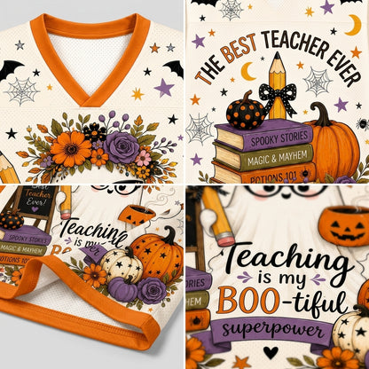 A collage showing a Halloween-themed V-neck t-shirt from multiple angles, featuring orange trim, a cream mesh body, spiderwebs, bats, stars, pumpkins, flowers, and text including 'THE BEST TEACHER EVER' and 'Teaching is my BOO-tiful superpower'.