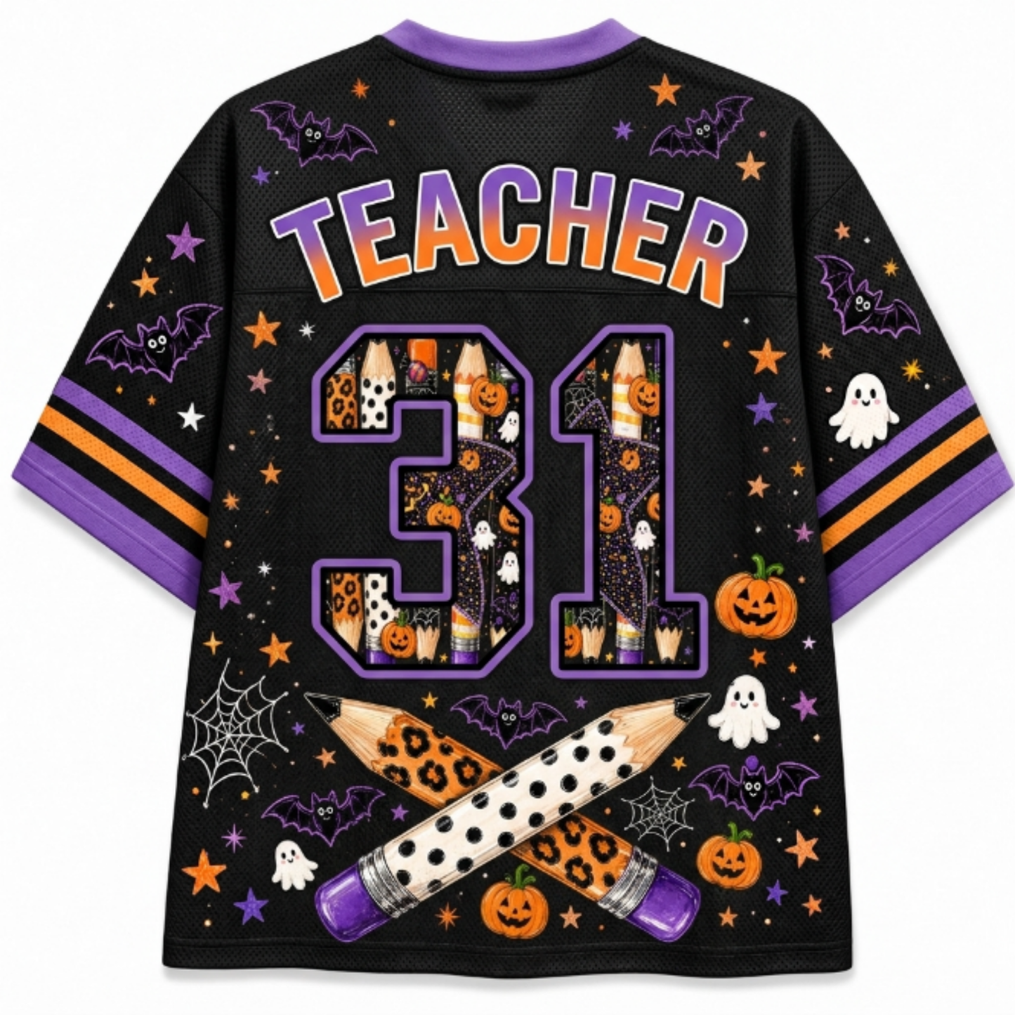 A black mesh short-sleeve jersey with purple trim, featuring 'TEACHER' and the number '31' in a Halloween-themed graphic filled with pumpkins, ghosts, bats, and stars. The sleeves have purple and orange stripes, and the back is decorated with spiderwebs, stars, and crossed pencils.