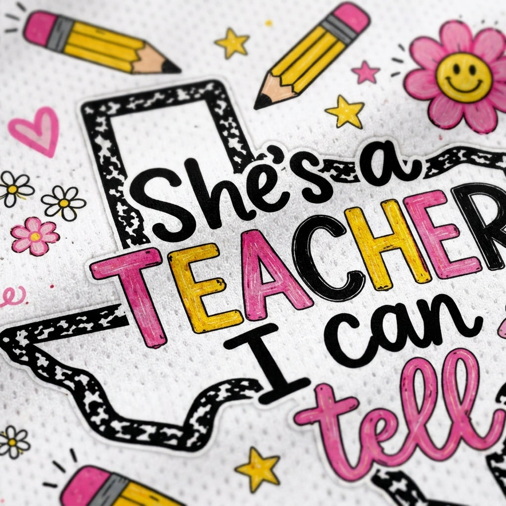A close-up of a printed design with the phrase “She’s a TEACHER I can tell” in black, pink, and yellow lettering on a white textured background, surrounded by school-themed doodles including pencils, stars, flowers, and a smiley-face flower.