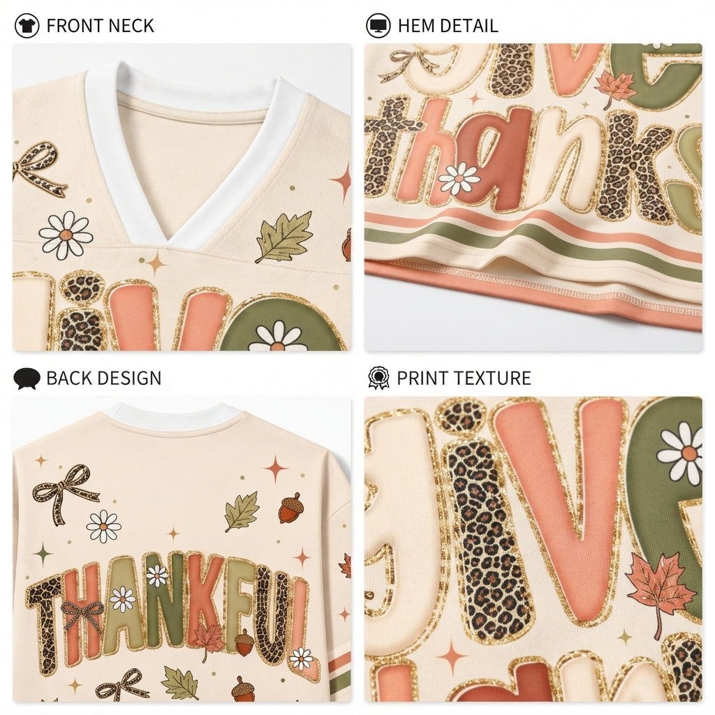 Four-panel product detail collage for a V-neck top. Top-left shows the front neck and neckline; top-right shows a hem detail with decorative lettering; bottom-left shows the back design; bottom-right shows the print texture close-up.