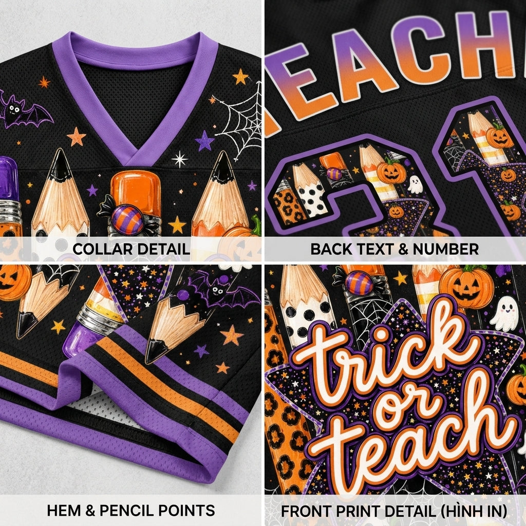 A product collage showing a black V-neck jersey-style top with purple trim and Halloween-themed printed graphics, including pencils, pumpkins, stars, spiderwebs, and the words 'TEACH' and 'trick or teach'. The four panels show close-up details of the collar, back text and number, hem and pencil points, and front print detail.