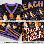 A product collage showing a black V-neck jersey-style top with purple trim and Halloween-themed printed graphics, including pencils, pumpkins, stars, spiderwebs, and the words 'TEACH' and 'trick or teach'. The four panels show close-up details of the collar, back text and number, hem and pencil points, and front print detail.