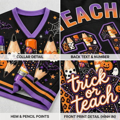 A product collage showing a black V-neck jersey-style top with purple trim and Halloween-themed printed graphics, including pencils, pumpkins, stars, spiderwebs, and the words 'TEACH' and 'trick or teach'. The four panels show close-up details of the collar, back text and number, hem and pencil points, and front print detail.